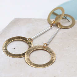 Scratched Gold & Silver Drop Circle Earrings