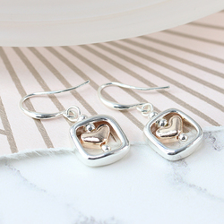 Rose Gold Plated Heart Earrings In Silver Plated Frames