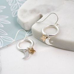Silver Plated Hoop Drop Star & Moon Earrings