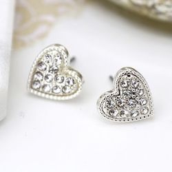 Silver Plated Heart & Crystal Stud Earrings