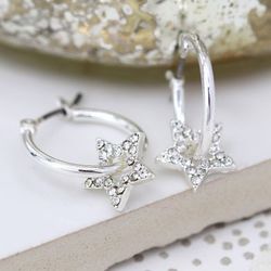 Worn Silver Hoop & Crystal Inset Star Earrings