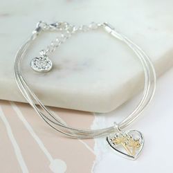 Silver Plated Triple Chain Bracelet With Floral Heart Charm