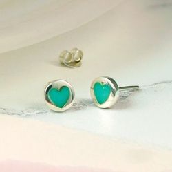 Silver Turquoise Heart Inset Stud Earrings