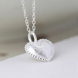 Scratched Silver Heart Necklace With Dotty Edge