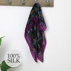 100% Silk Square Scarf With Purple Mix Floral Vine Print