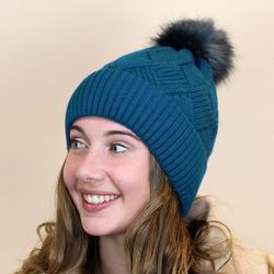 Teal Diamond Knit Hat With Faux Fur Bobble