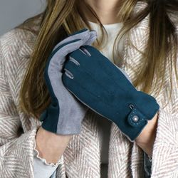 Teal & Grey Faux Suede Gloves
