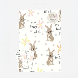 New Baby Girl Bunnies Wrapping Paper & Tags - Set of 2