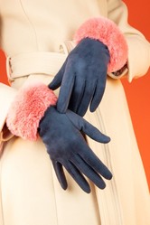 Bettina Gloves - Faux Fur Gloves - Navy/Rose