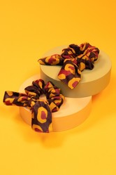 Powder Velvet Scrunchies - Leopard Print -Damson/Mustard  Pack of 2