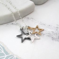 Silver Plated Triple Star Mixed Finish Necklace