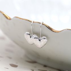 Silver Plated Hammered Heart Hook Earrings