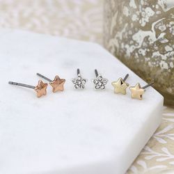 Triple Star Rose Gold, Silver & Crystal Earring Set