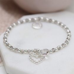 Silver & Smoky Bead Bracelet With Crystal Drop & Heart Charm