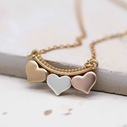 Silver, Gold & Rose Gold Triple Hearts Necklace