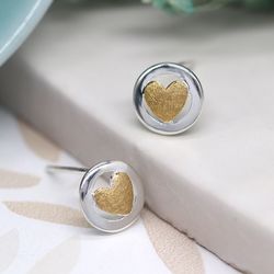 Sterling Silver Circle & Gold Heart Earrings