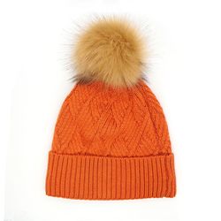 Orange Diamond Knit Hat With Faux Fur Bobble