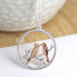 Silver Plated Mixed Finish Lovebirds In A Circle Necklace