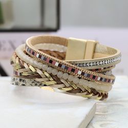 Golden Mix Crossover Leather Bracelet With Beads