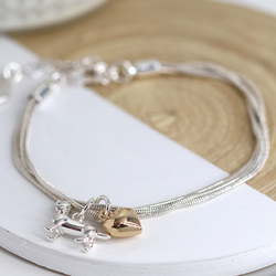 Silver Plated Triple Strand Golden Heart & Dachshund Charm Bracelet