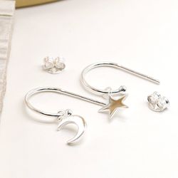 Sterling Silver Half Hoop Moon/Star Earrings