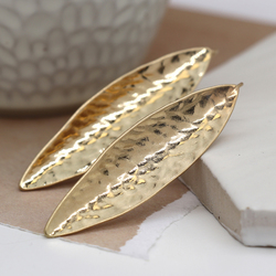 Worn Faux Gold Hammered Long Leaf Earring