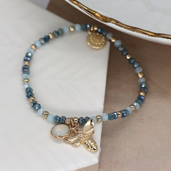 Aqua Crystal Bead Bracelet With Bee Charm & Round Crystal