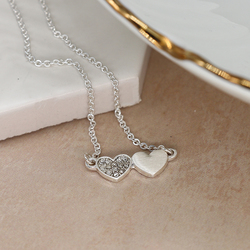 Silver Plated Double Brushed Heart Necklace With Crystals