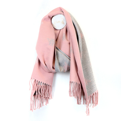 Reversible Jacquard Bee Scarf With Fringed Edge - Pink/Grey