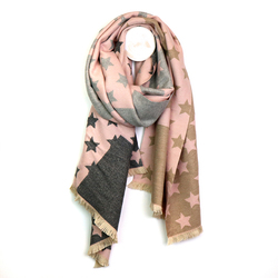 Stars Panel Scarf With Fringed Edges - Grey/Pink/Beige