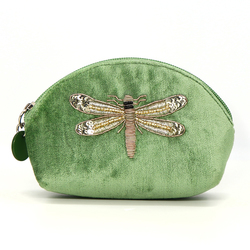 Dark Green Velvet Dragonfly Embroidered & Beaded D Shape Coin Purse