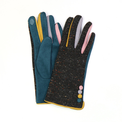 Charcoal Tweed Fronted Glove With Teal Faux Suede Palm & Multi-Colour Fingers & Buttons