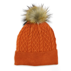Burned Orange Lined Wool Mix Bobble Hat With Matching Faux Fur Pompom