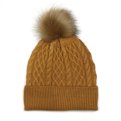 Toffee Lined Wool Mix Bobble Hat With Matching Faux Fur Pompom