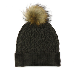 Olive Green Lined Wool Mix Bobble Hat With Matching Faux Fur Pompom