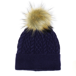 Navy Lined Wool Mix Bobble Hat With Matching Faux Fur Pompom