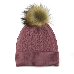 Dusky Pink Lined Wool Mix Bobble Hat With Matching Faux Fur Pompom