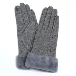 Grey Wool Mix Glove With Stitch Detail & Short Faux Fur Cuff