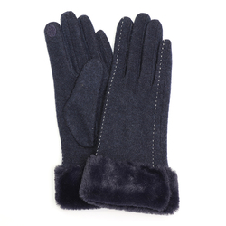 Navy Wool Mix Glove With Stitch Detail & Short Faux Fur Cuff