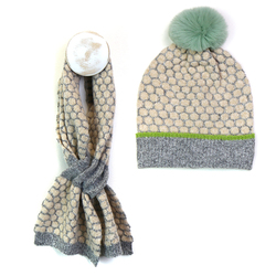 Grey/Mint Knitted Scandi Pattern Short Pull Through Scarf & Bobble Hat