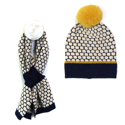 Navy & Mustard Knitted Scandi Pattern Short Pull Through Scarf & Bobble Hat