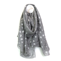 Grey Washed Polyester Scarf With Silver Busy Bee Foil Print