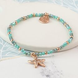 Aqua Bead & Rose Gold Starfish Bracelet