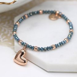 Rose Gold & Blue Bead Bracelet With Rose Gold Heart
