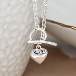Silver Plated T-Bar & Heart Necklace