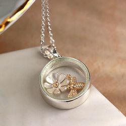 Silver Plated Circle Frame Necklace with Golden Bee & Flower