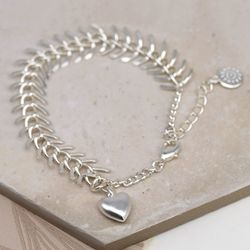 Silver Plated Chevron Link Bracelet with Heart Charm