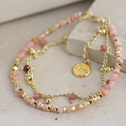 Golden Chain & Pink Bead Bracelet with Tourmaline