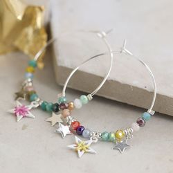 Silver Plated Hoop Earrings with Mixed Beads & Stars