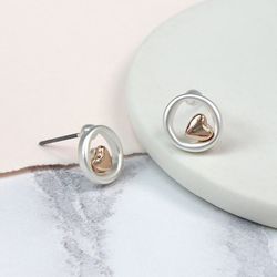Silver Plated Circle & Rose Gold Heart Earrings